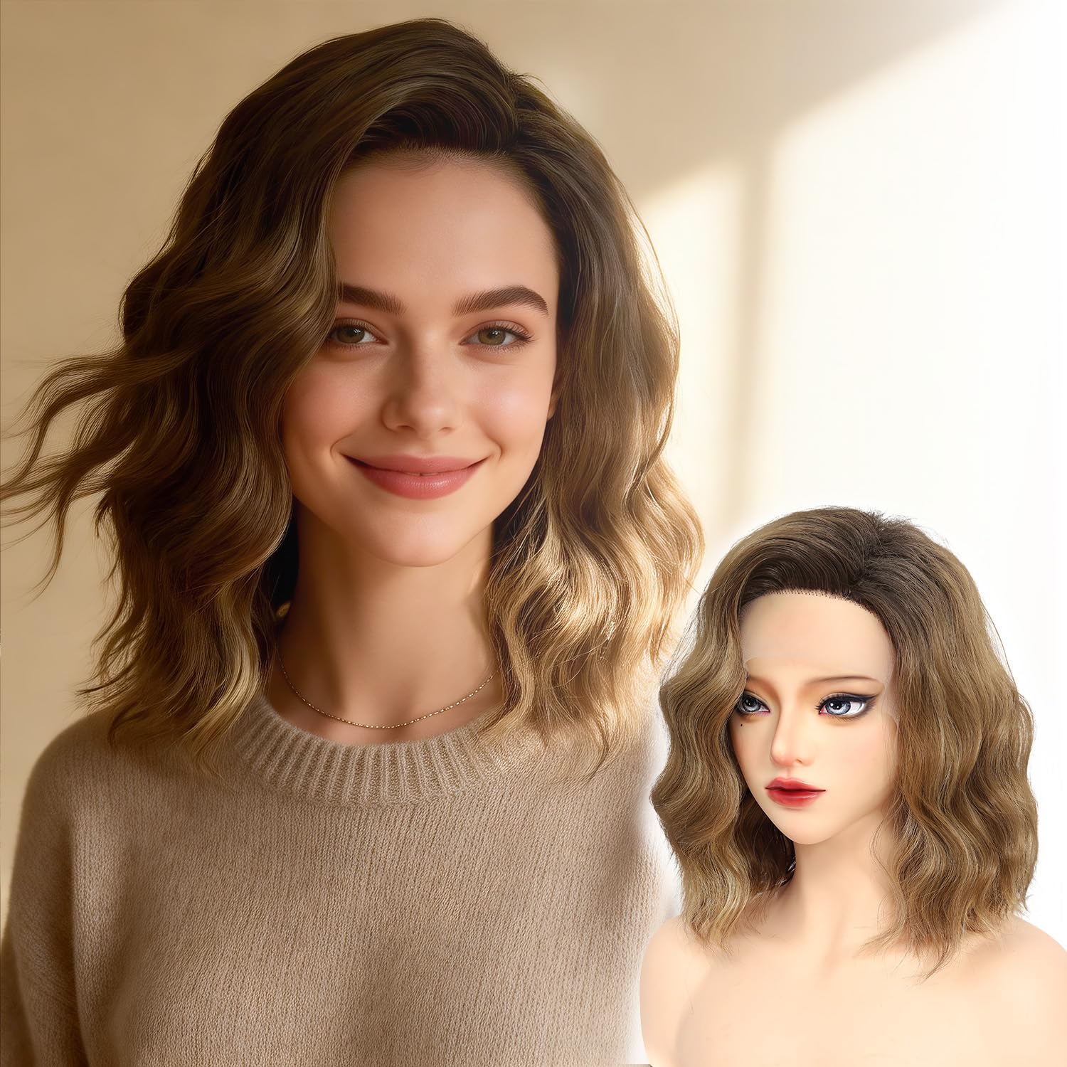 Detalle de Bkiyyi Brown Wavy Bob Wig, 14in 9x1 Lace Front, Free-Part Synthetic