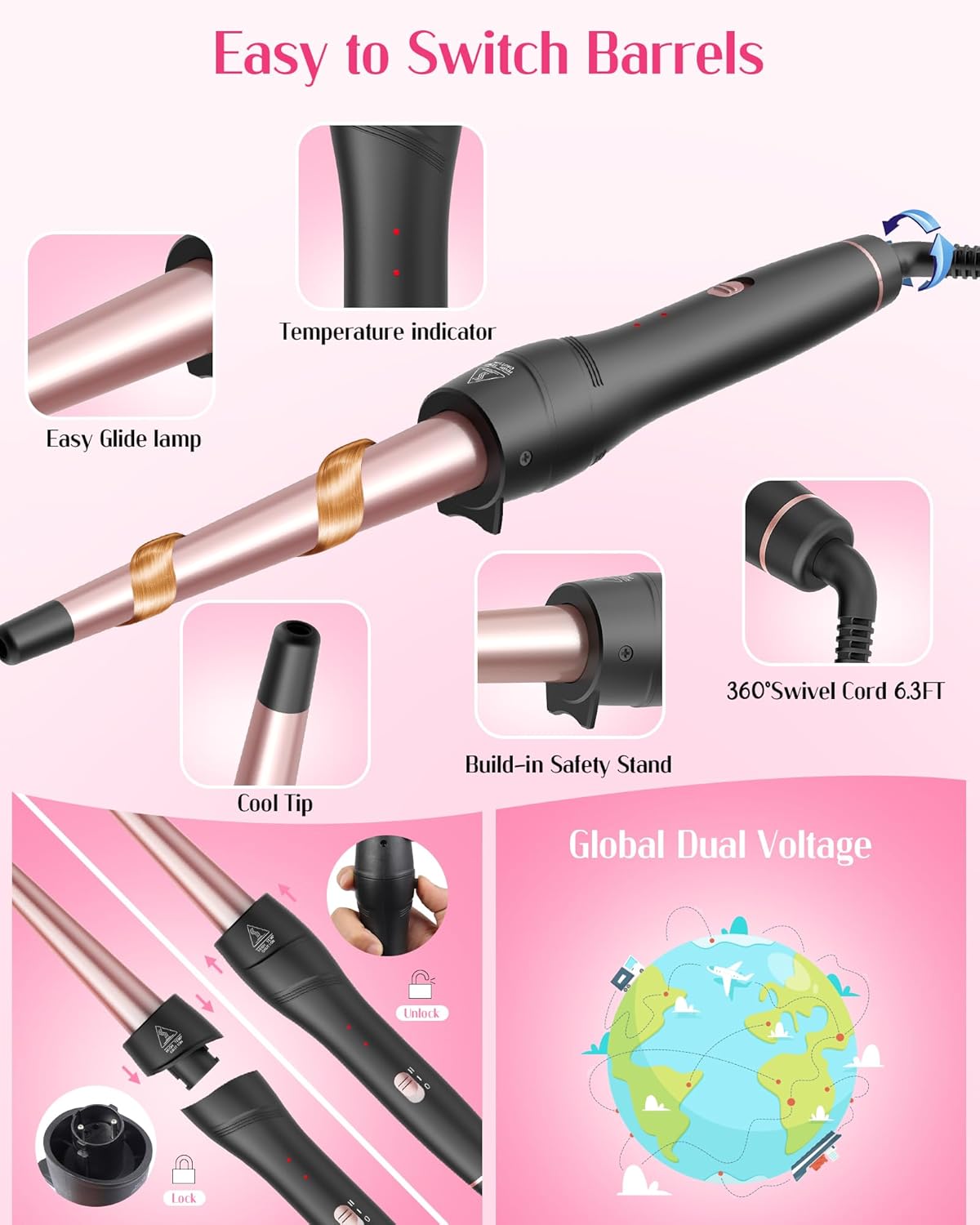 Thumbnail 5 de ANIEKIN 5 in 1 Curling Iron Set (3/8 to 1 1/4 Inch) with Thermal Brush, Dual Voltage Curling Wand for Travel