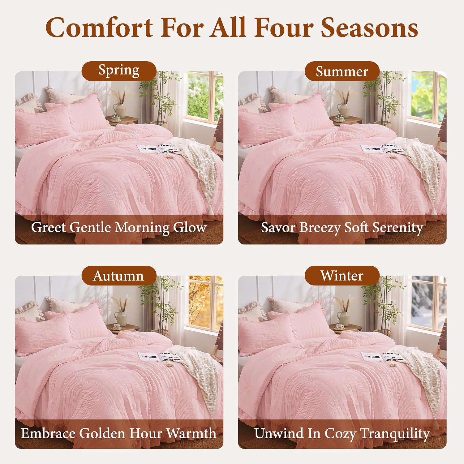 Detalle de JOLLYVOGUE Pink Seersucker Queen Comforter Set, 3 Pieces – Lightweight All-Season With Ruffle Details