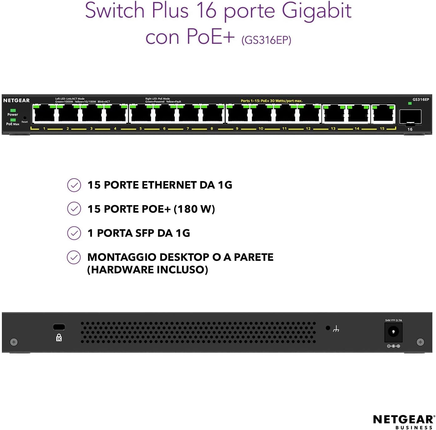 Thumbnail 1 de NETGEAR Switch Ethernet PoE Unmanaged 16 porte GS316P: 16 PoE+ fino a 115 W