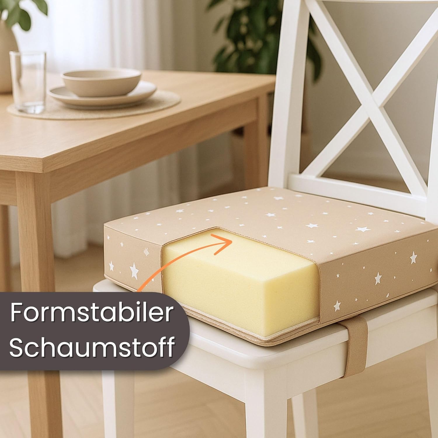Detalle 2 de Kindersitzerhöhung Stuhlerhöhung – 32x32x8 cm, Sitzkissen für Kleinkind am Esstisch (Sterne & Grau), EU-Herstellung