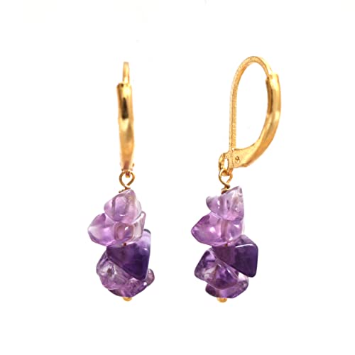 Detalle de Gempires Amethyst Chip Leverback Hoop Earrings – 14K Yellow Gold Plated Handmade Gemstone Hoops