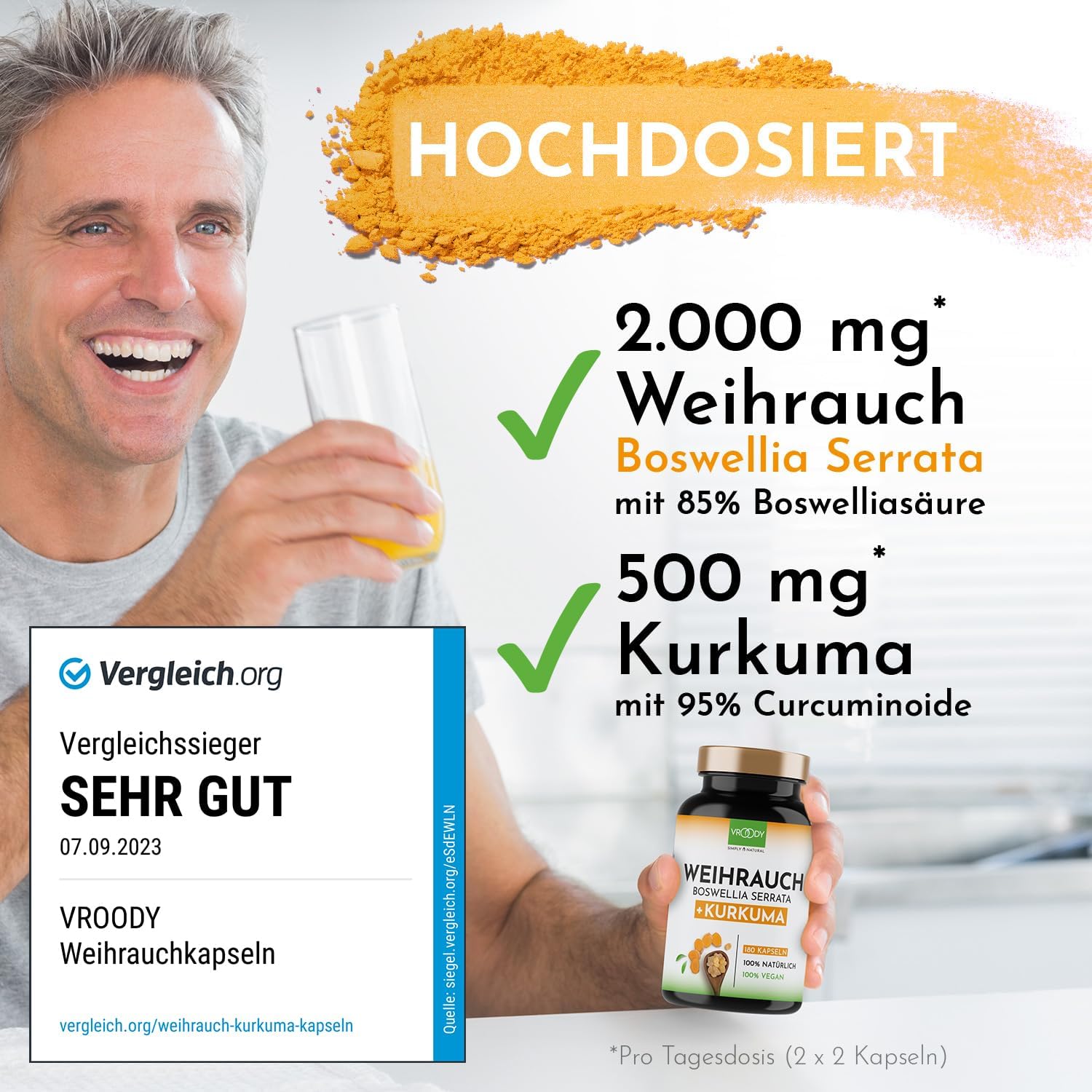 Detalle de 2x VROODY Weihrauchkapseln hochdosiert Boswellia Serrata 2000mg + Curcuma 125mg – vegan, ohne Zusätze, 2x180 Kapseln