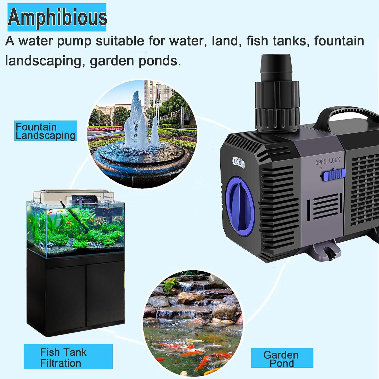 Detalle 2 de YAOBLUESEA Eco Teichpumpe & Filterpumpe 3000 l/h, 10 W – Tauchpumpe für Teich, Bachlauf und Aquarien