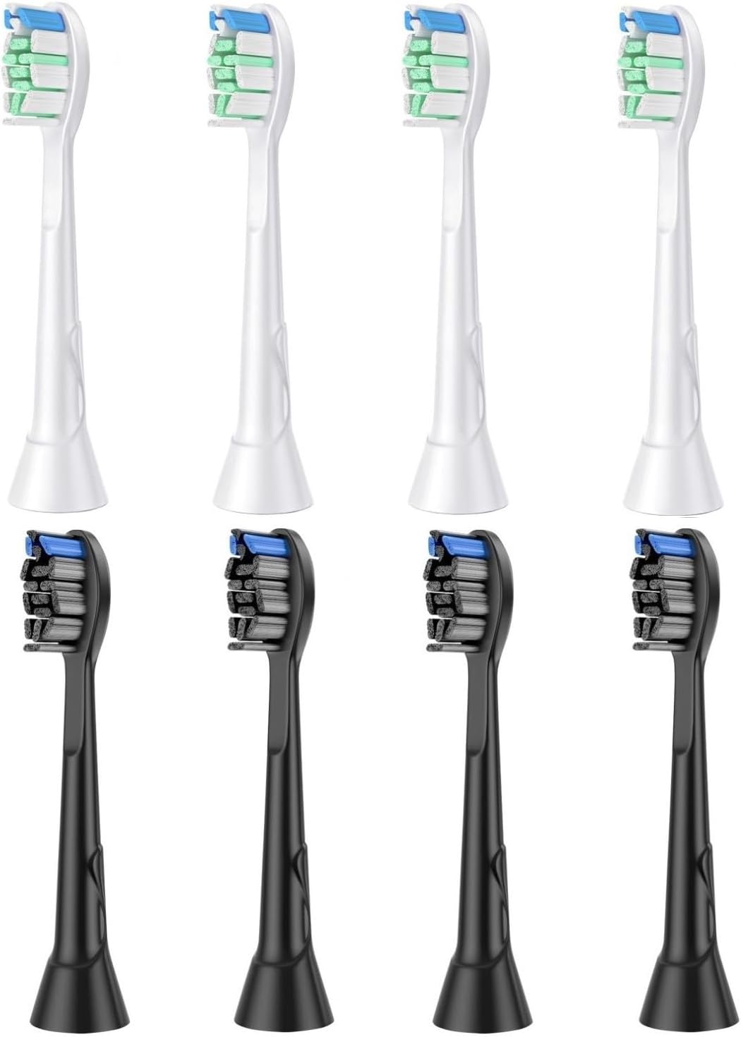 Detalle de 8 Ersatzbürstenköpfe (4 schwarz, 4 weiß) für Philips Sonicare – kompatibel mit vielen Snap-on Handstücken