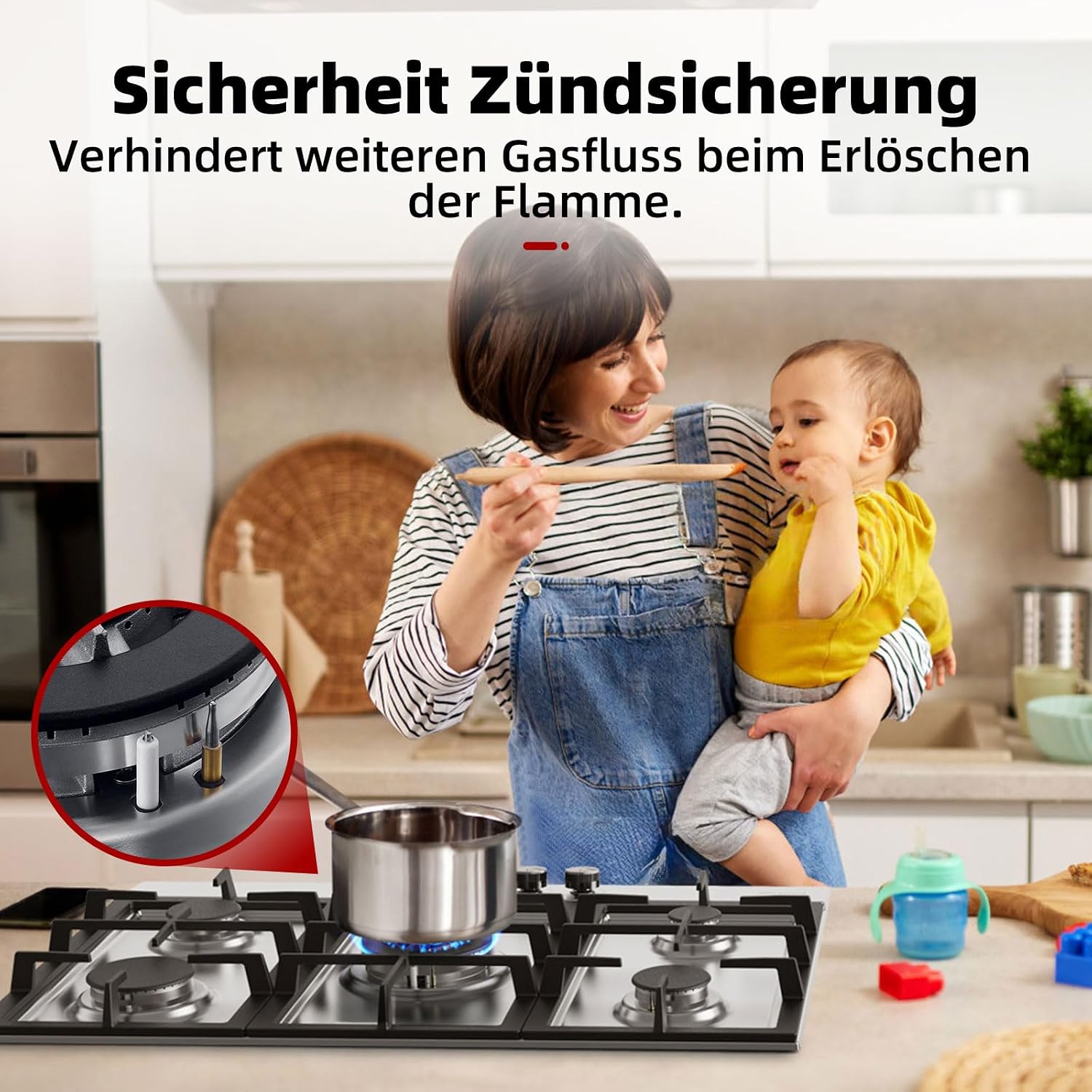 Detalle de GASLAND GH2705SS1FC 76 cm Einbau-Gaskochfeld aus Edelstahl mit 5 Brennern (Wok-Brenner, 10.400 Watt)