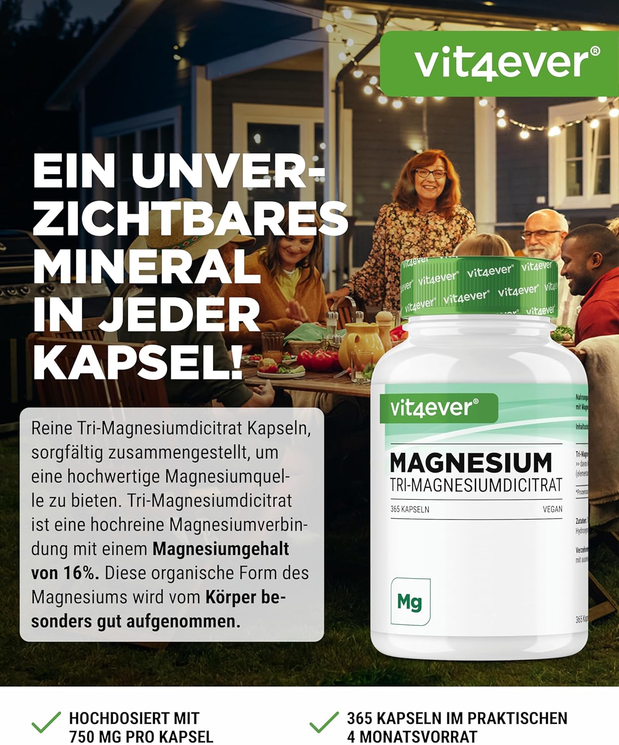Thumbnail 1 de vit4ever Magnesiumcitrat (Tri-Magnesiumdicitrat) – 365 vegane Kapseln, 2250 mg pro Tagesportion