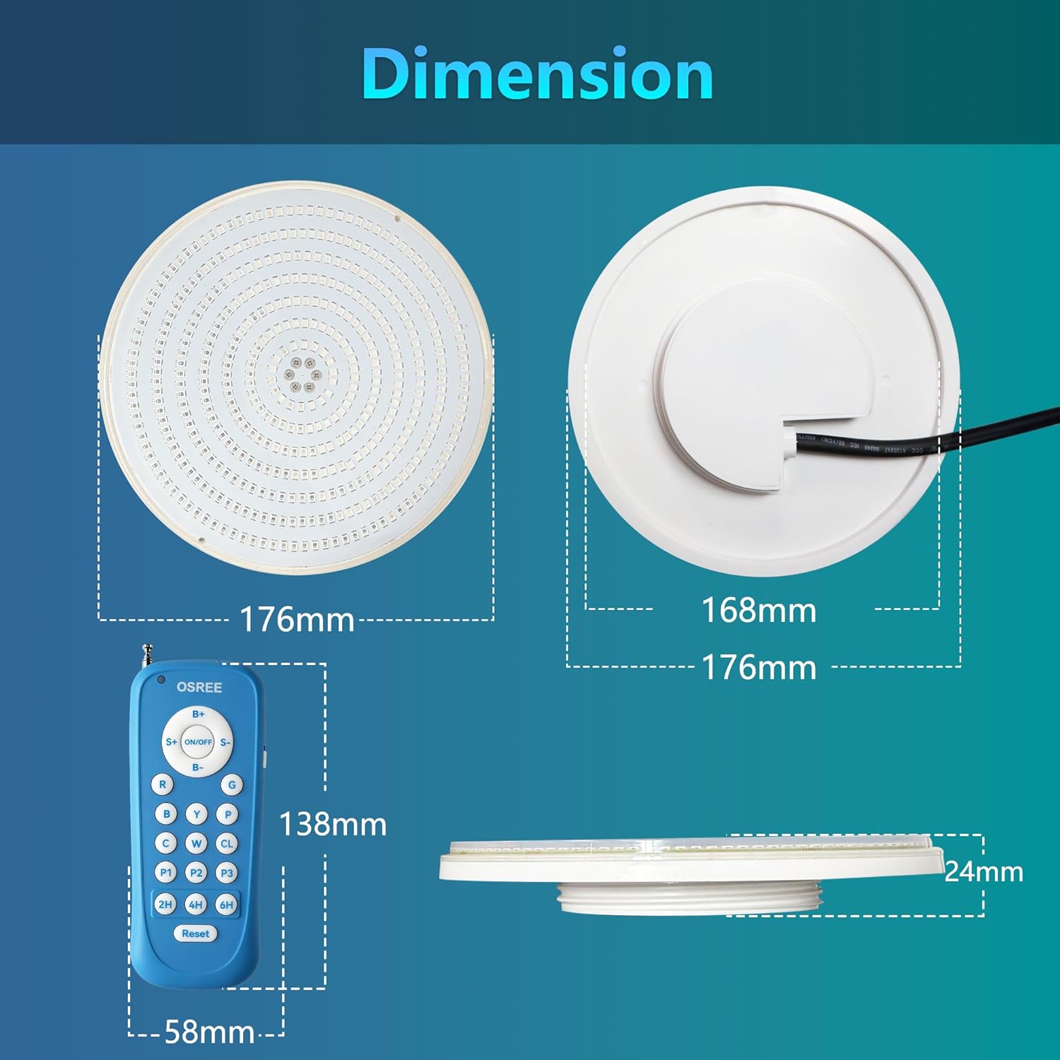 Thumbnail 6 de OSREE 35W Projecteur Piscine LED PAR56 Extra-Plat — Lampe de Piscine 1400lm, Étanche IP68, 12V AC/DC, Lumière Bleue