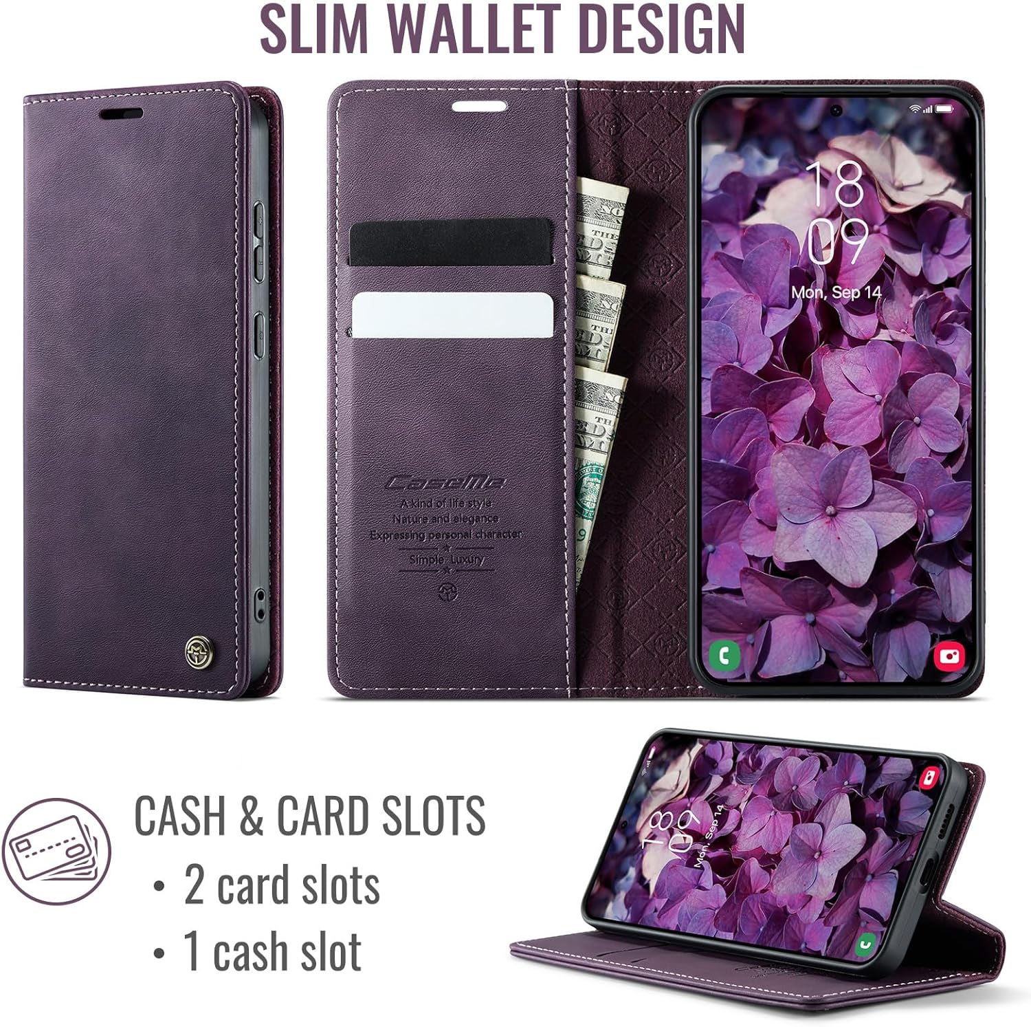 Detalle de Cracedily Wallet Case for Samsung Galaxy S25 Edge – Purple Leather Wallet Flip with RFID Blocking, Card Holder and Kickstand