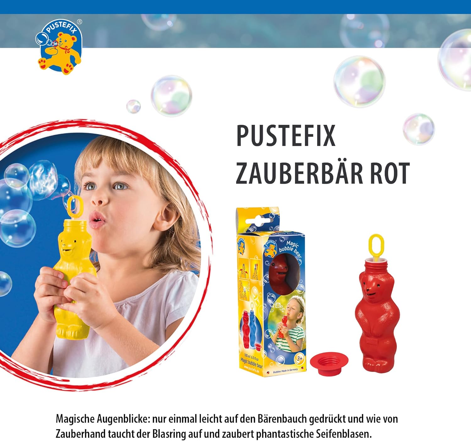 Detalle de PUSTEFIX Zauberbär Rot I – Seifenblasenwasser 180 ml