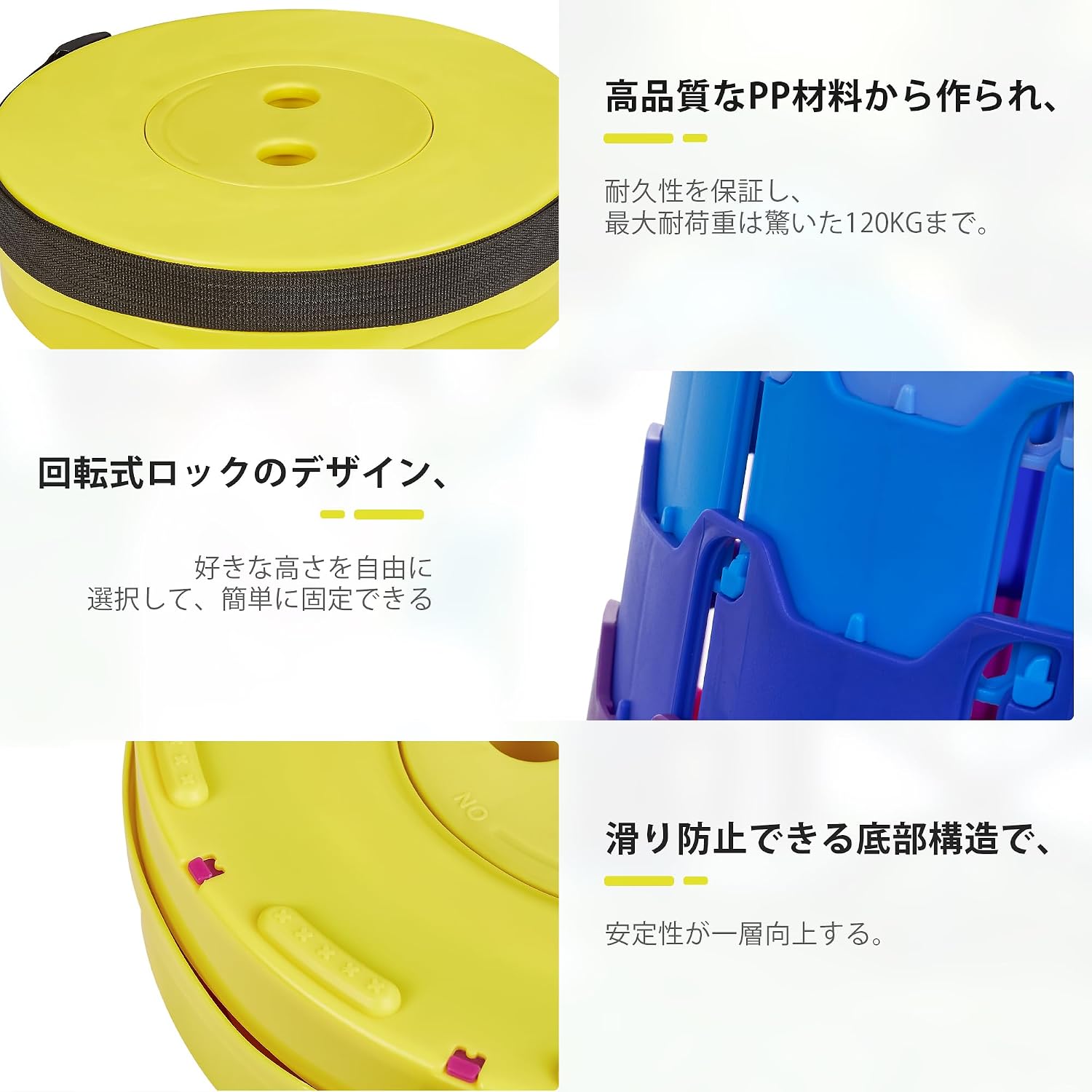 Detalle de VECELO 折りたたみ椅子 伸縮式・高さ調節可能・耐荷重150kg・直径25cm