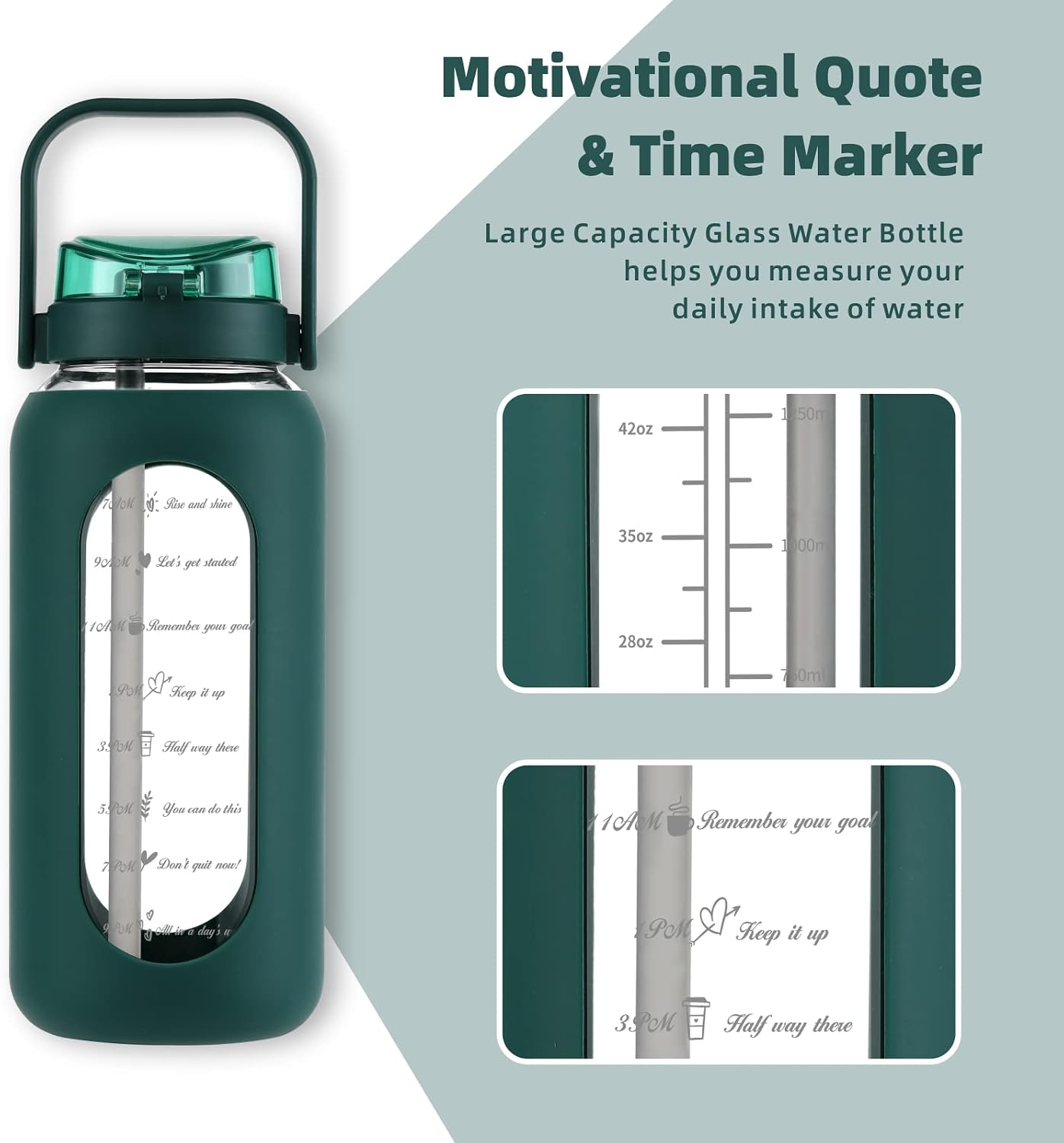 Thumbnail 3 de Glass Water Bottle with Straw and Handle Lid (Half Gallon / 74oz) – Time Marker Motivational Reusable Jug