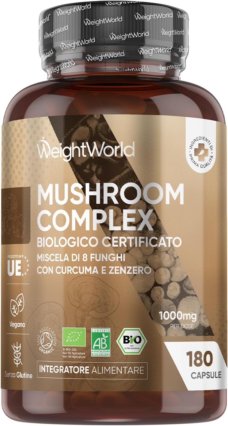 Detalle de Miscela Funghi Bio WeightWorld: 8 Funghi in 180 Capsule Vegane (3 mesi) con Lion’s Mane, Reishi, Chaga, Cordyceps, Maitake, Shiitake, Curcuma e Zenzero