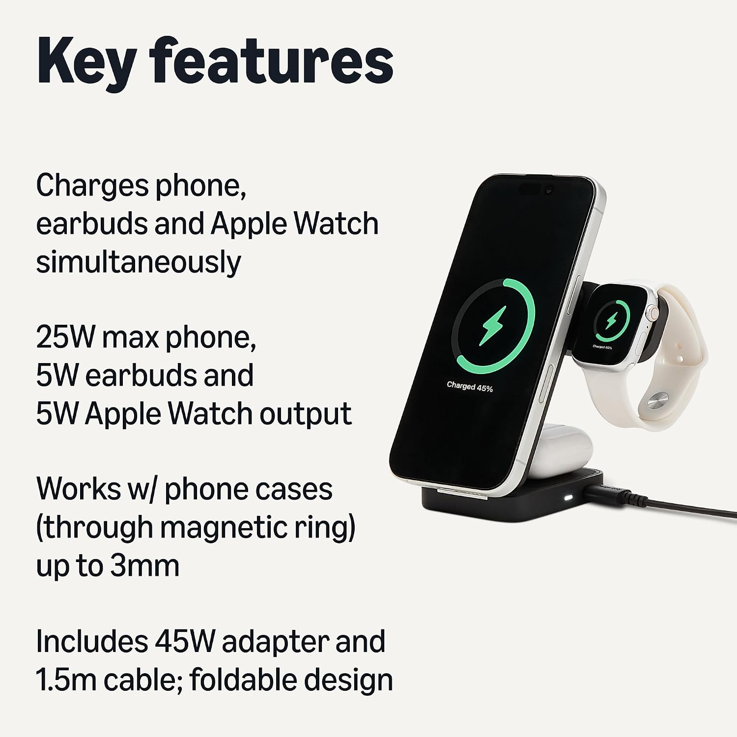 Detalle de Amazon Basics 25W Qi2.2 3-in-1 Wireless Charging Station with Foldable Stand (MagSafe Compatible) for iPhone, Apple Watch and AirPods