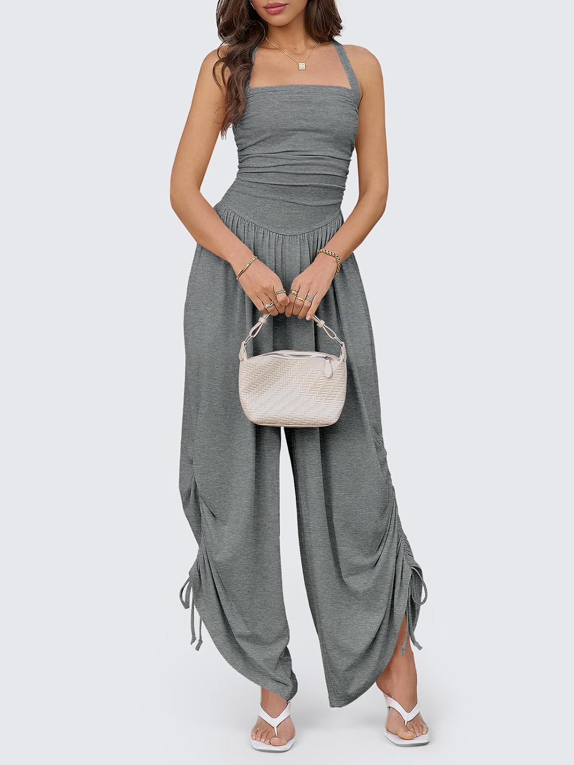 Detalle de Fisoew Women's Casual Jumpsuits: Summer Halter Wide-Leg Overalls with Side-Cinch