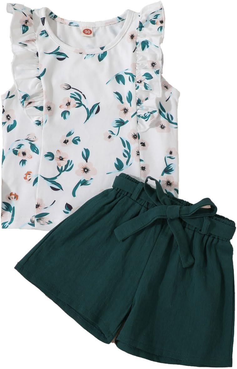 HEOXIN Mädchen-Set: Ärmelloses Top mit Blumenmuster + Shorts, Grü,n/Rosa, 5–6 Jahre