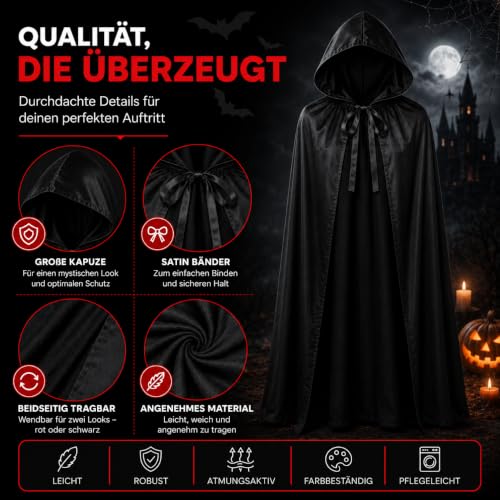 Detalle de FASCHINFEVER Vampirumhang mit Kapuze, schwarz, Einheitsgröße für Kinder und Erwachsene