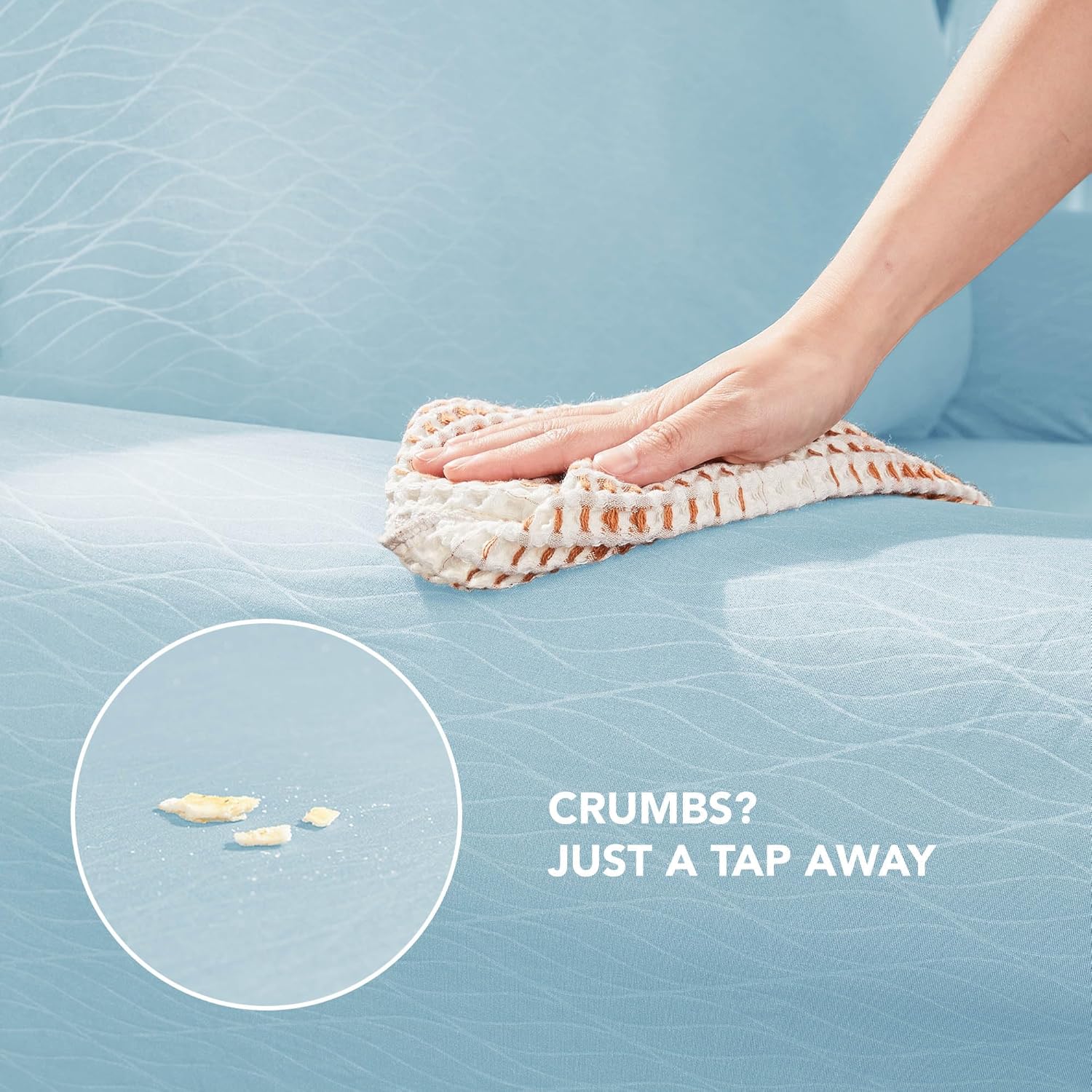 Detalle 2 de Deconovo Copridivano Elasticizzato 4 Posti con Braccioli – Azzurro, Antigraffio e Lavabile