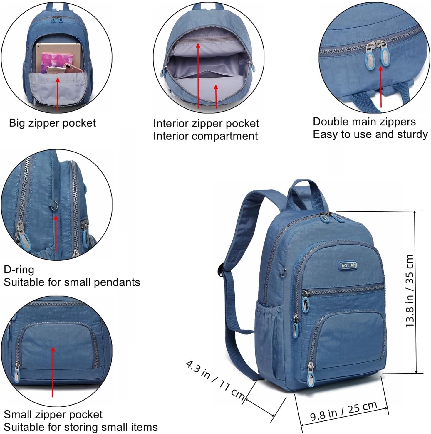 Detalle de AOTIAN Damen Rucksack 9 L – Leichter City Daypack aus Nylon