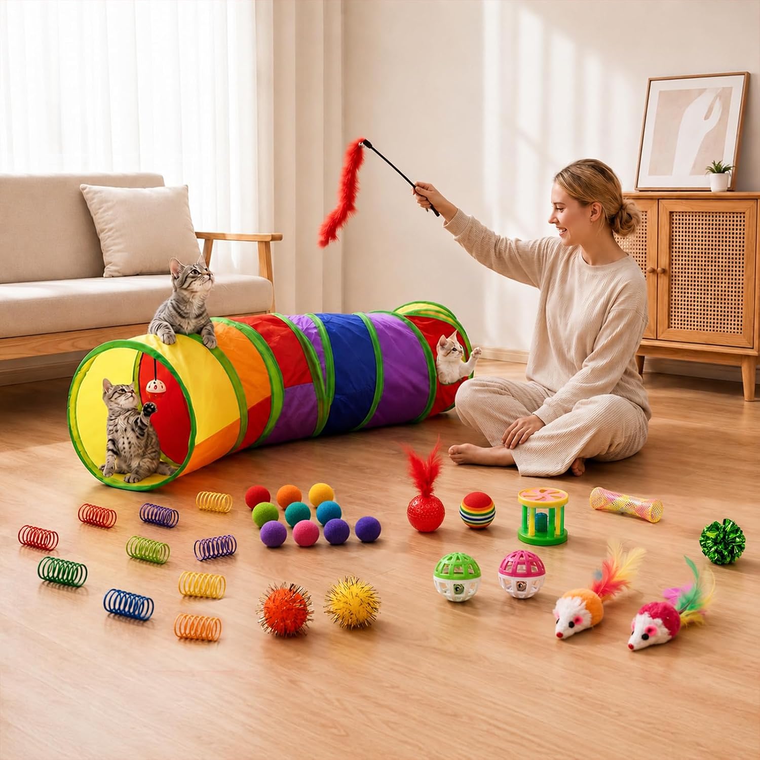 Detalle 2 de AILUKI N-RAINBOW-33 Cat Toy Set, 33 Pieces with 48.8-Inch Tunnel