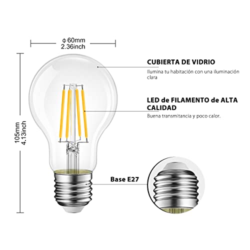 Detalle de LVWIT Bombillas LED E27 de Filamento A60 (Gordo) – 40W equivalentes, 2700K, pack 6