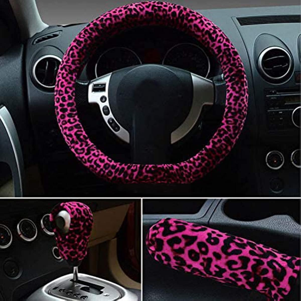 Detalle de 3 in 1 Soft Leopard Car Steering Wheel Cover, Handbrake Grip & Gear Shift Collar (Red, Standard) — Warm Winter Accessory