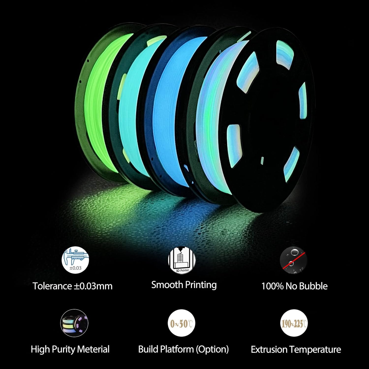 Detalle 2 de iSANMATE Glow PLA 1,75 mm Bundle (4 Spulen) – Glow-in-the-Dark Filament in Grün, Blau, Rainbow