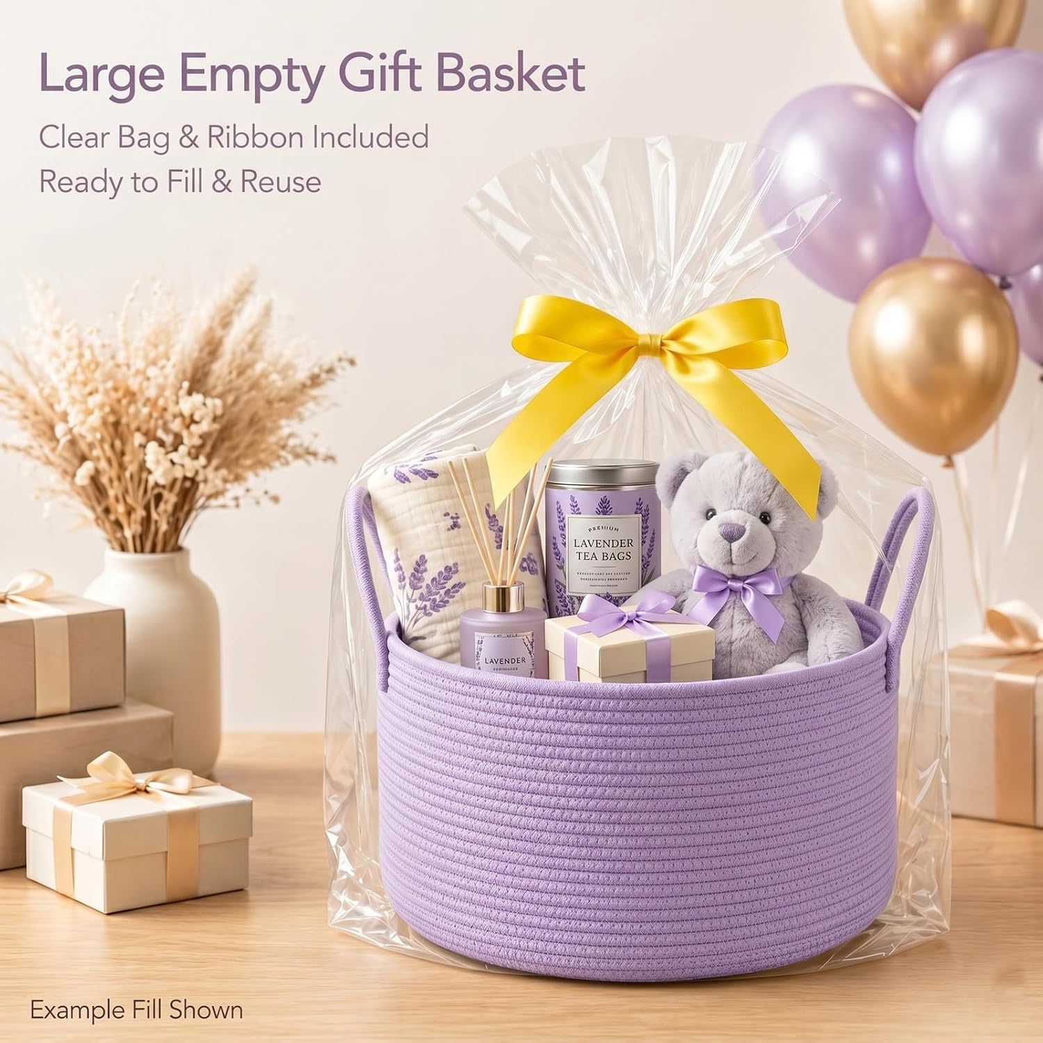 Detalle de SweetMemo 32L Woven Rope Gift Basket, Lavender Purple with Bag and Ribbon