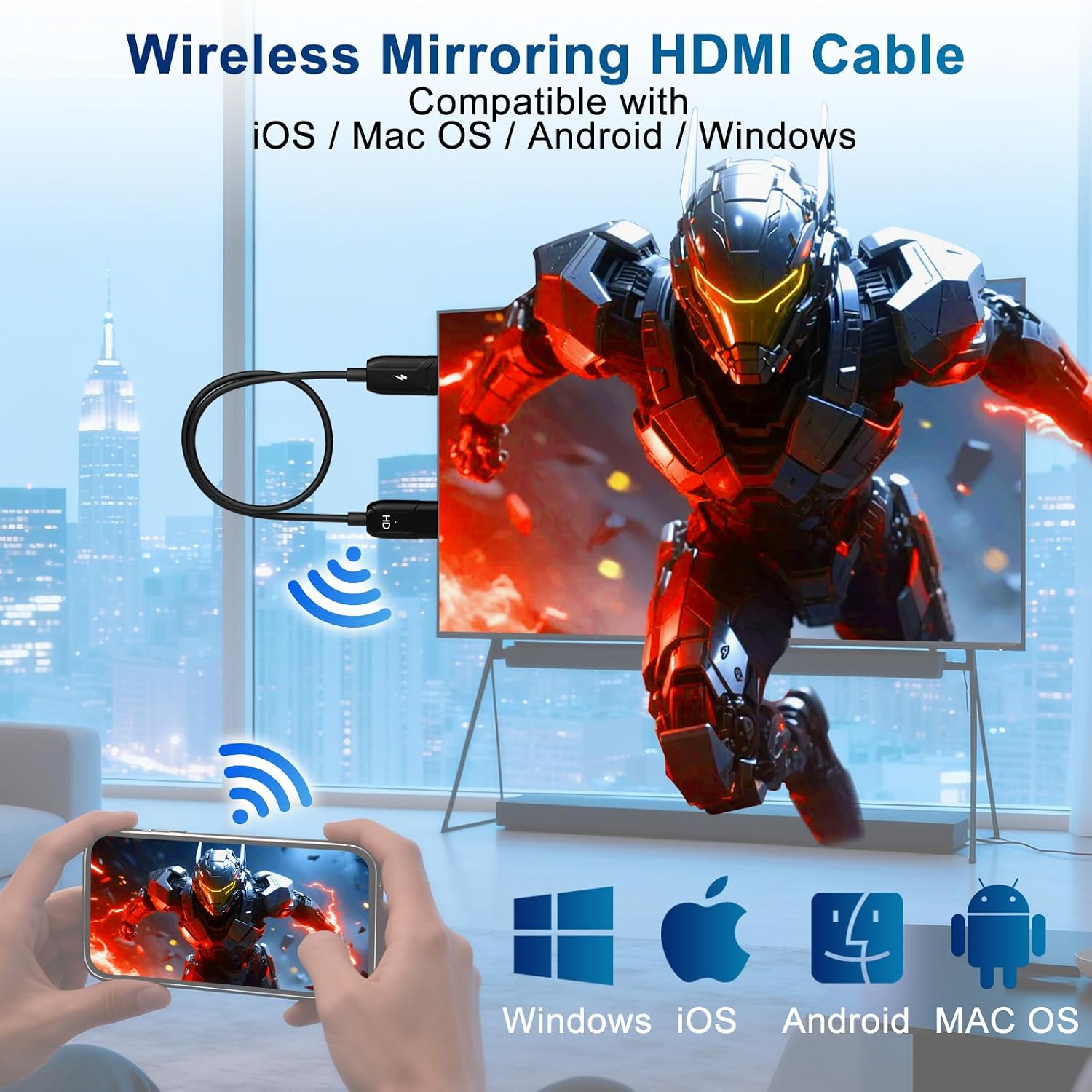 Detalle 2 de Wireless HDMI Display Adapter mit Miracast & AirPlay – kabellose Bildübertragung von iPhone, iPad, Android & Laptop auf TV/Monitor/Projektor