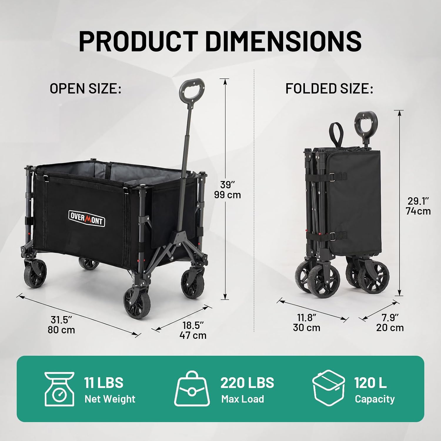 Detalle 2 de OVERMONT 120L wagon-Blk 3-in-1 Collapsible Wagon Cart with Swivel Wheels