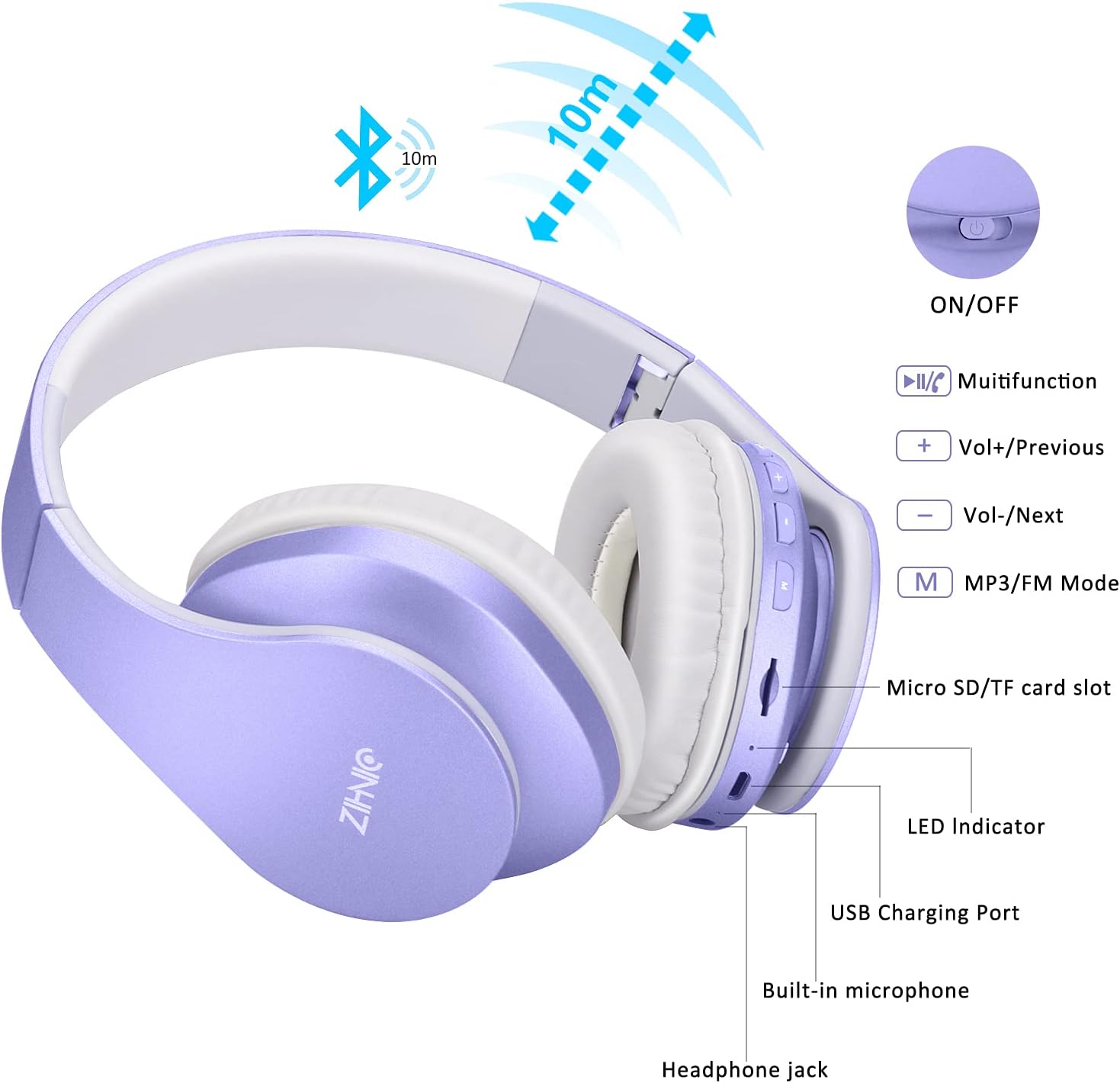Thumbnail 1 de ZIHNIC Bluetooth Over-Ear Headphones (Purple) – Foldable Wireless + Wired, FM Radio, Micro SD/TF