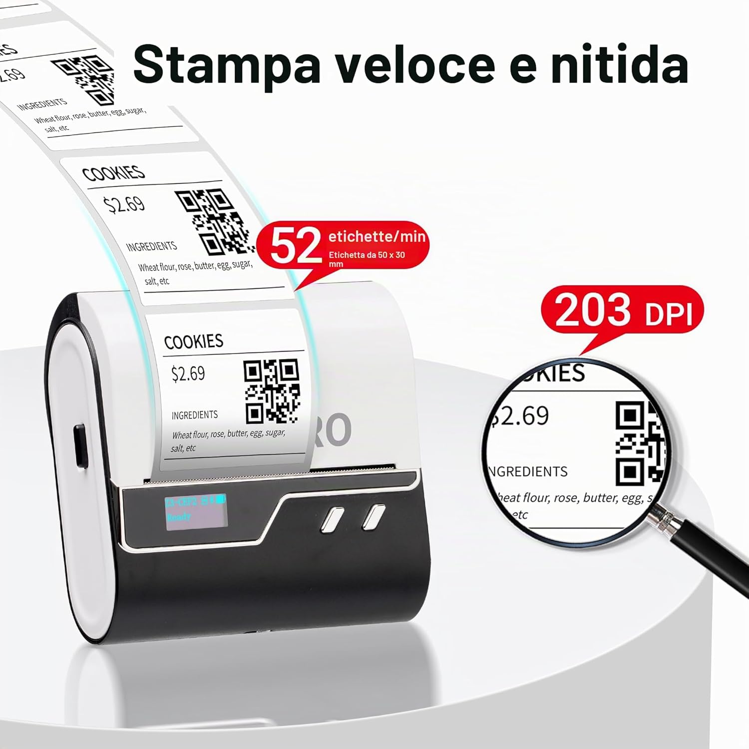 Detalle de ORGBRO Z3 stampante termica per etichette adesive con app 4BarCode e 1 rotolo bianco da 50×30 mm