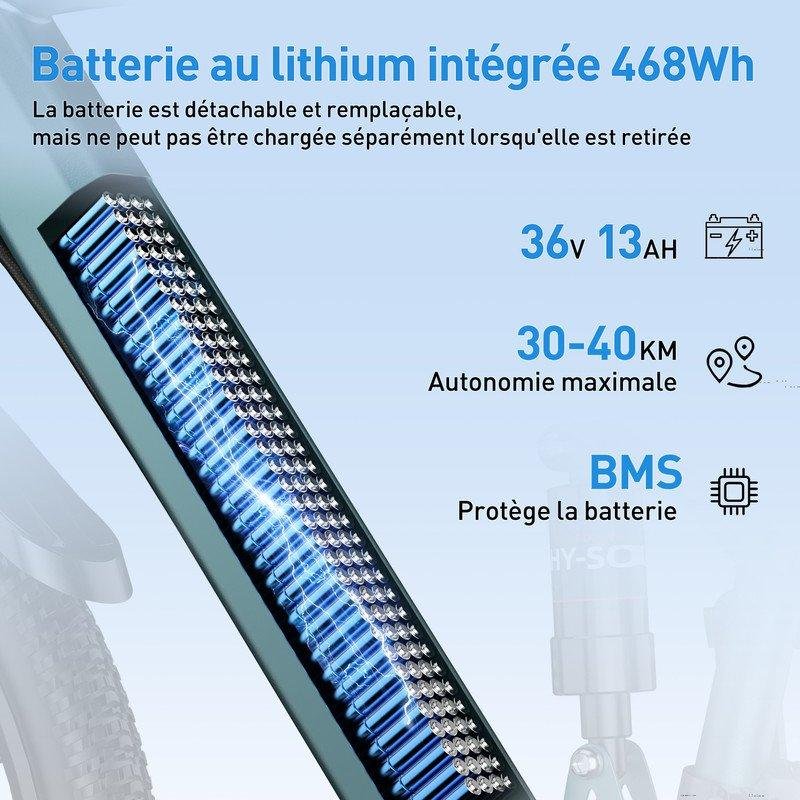 Detalle de Bicicleta Eléctrica Aairsk 26'' 250W Azul – 21 velocidades, batería 36V 13Ah