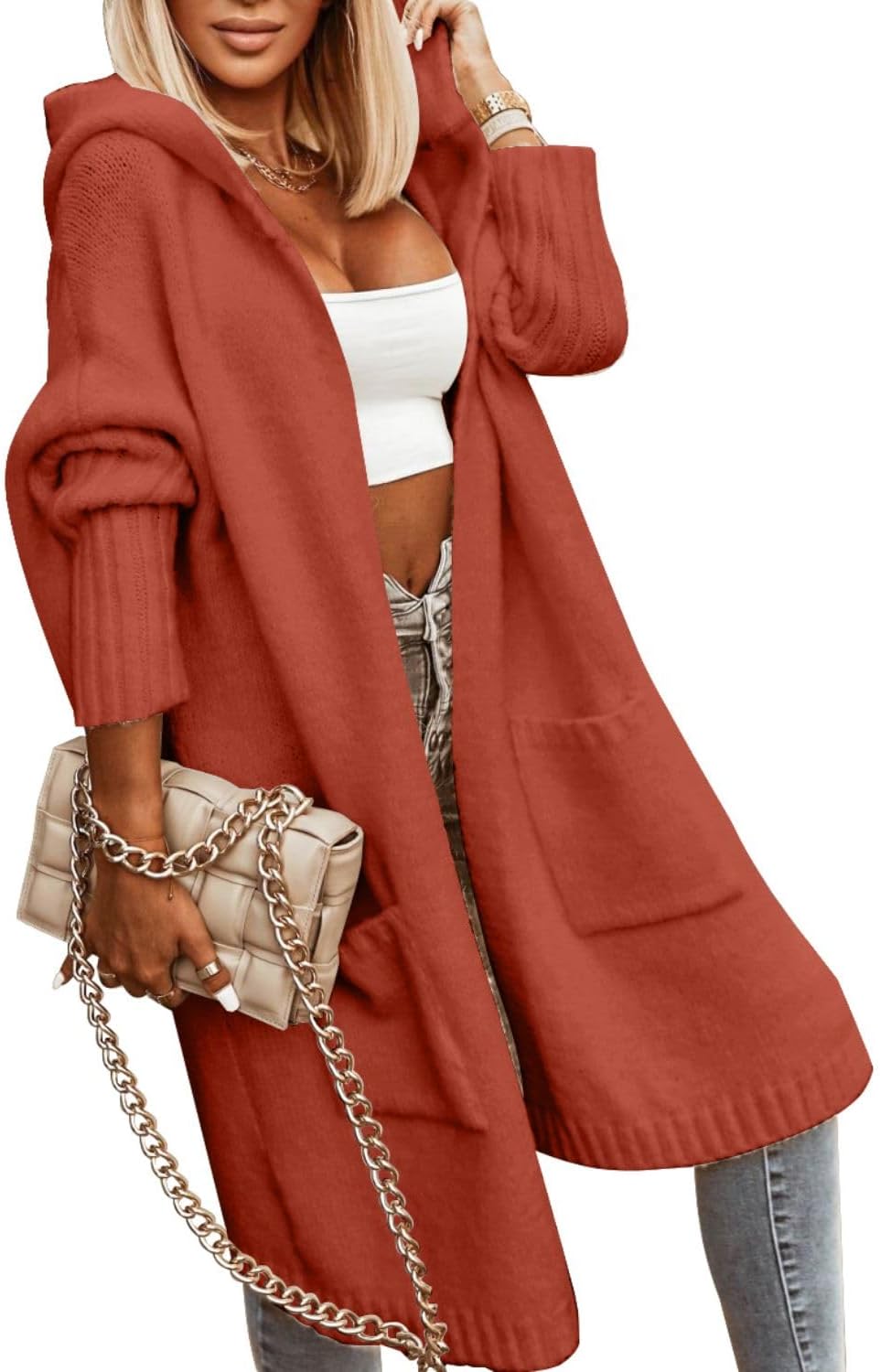 Thumbnail 2 de Aoysky Womens Long Cable Knit Hooded Cardigan