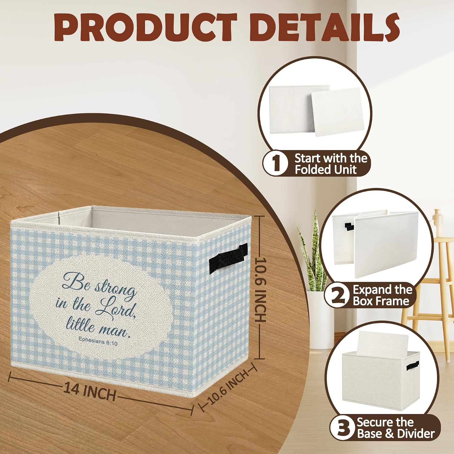 Detalle 2 de BCUANGD 1135 Christian Nursery Storage Bin, Blue Gingham, Foldable Polyester