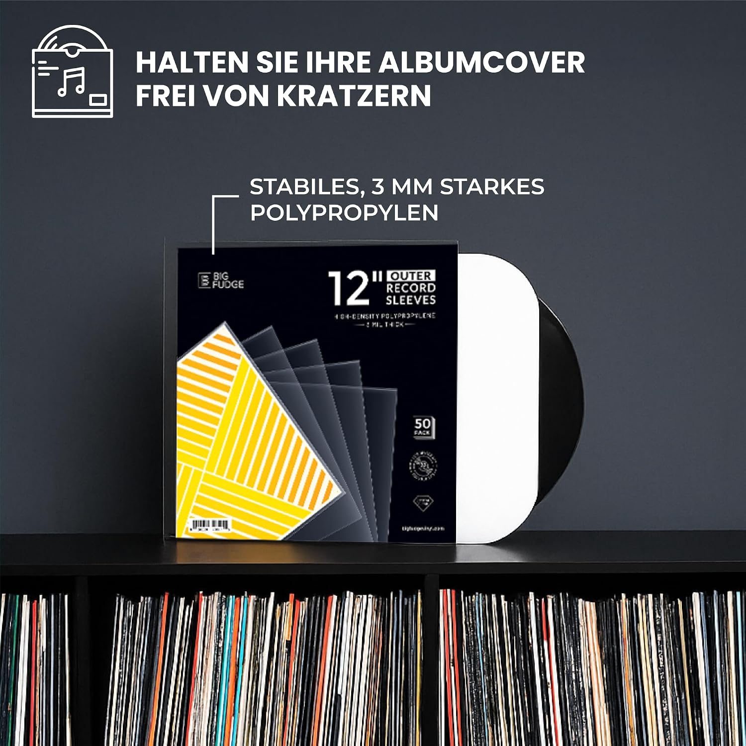 Detalle de Big Fudge 12" Vinyl Record Sleeves (Outer Sleeves) 50-Pack — Crystal Clear HD Polypropylene Covers