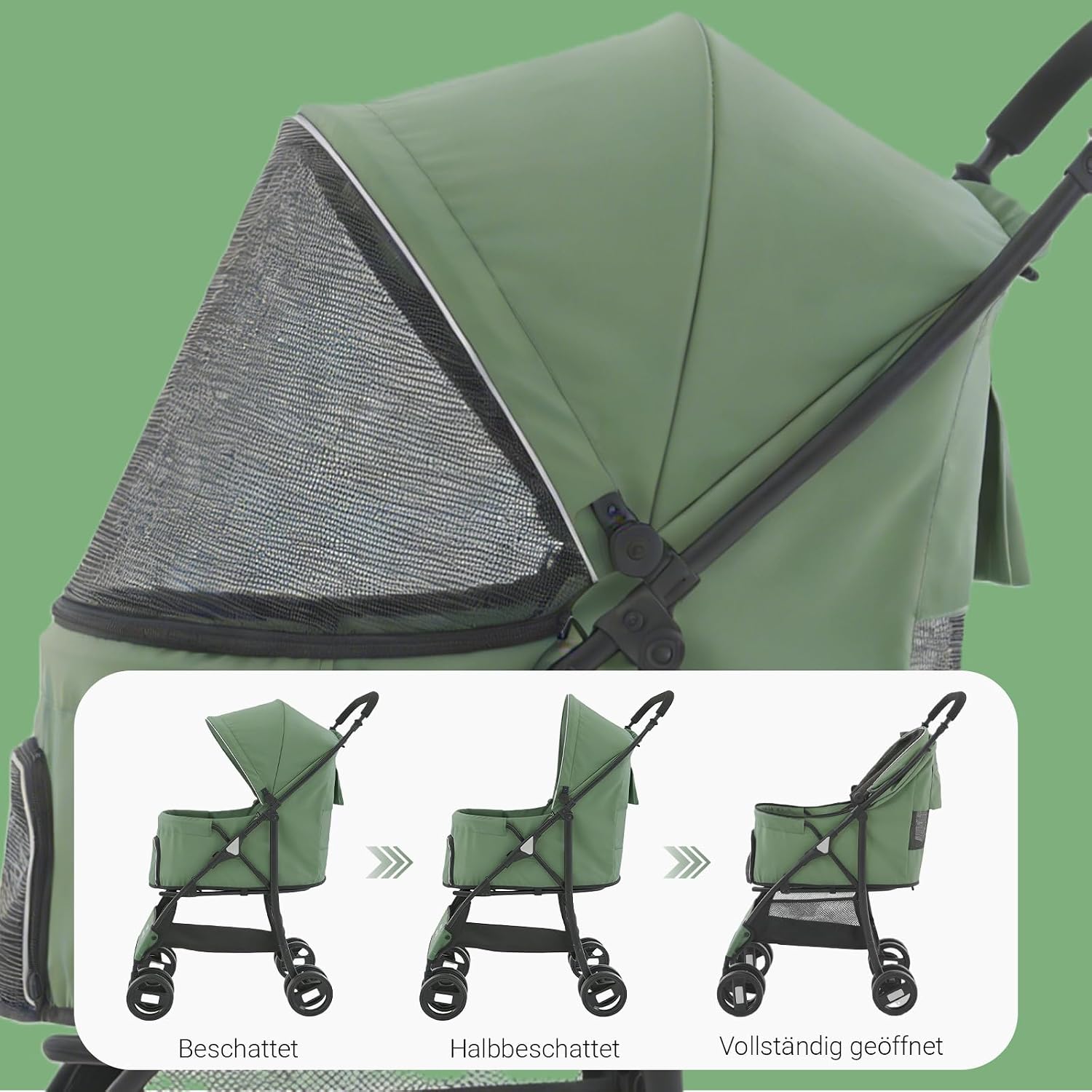 Detalle de Sunny Sonny Faltbarer Jogger Haustier-Kinderwagen Grün – bis 15 kg, Wetterabdeckung, Aufbewahrungskorb und Innen-Tragetasche