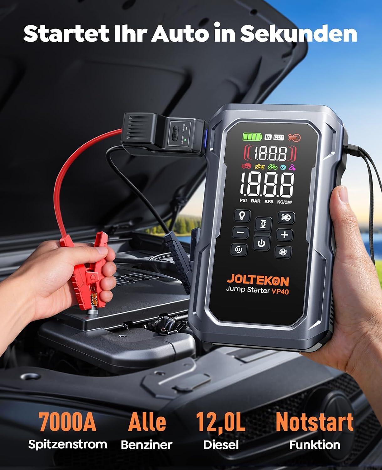 Detalle de 7000A Joltekon VP40 Starthilfe Powerbank – Startklar für Pkw, 12V Benzin/Diesel bis 12L