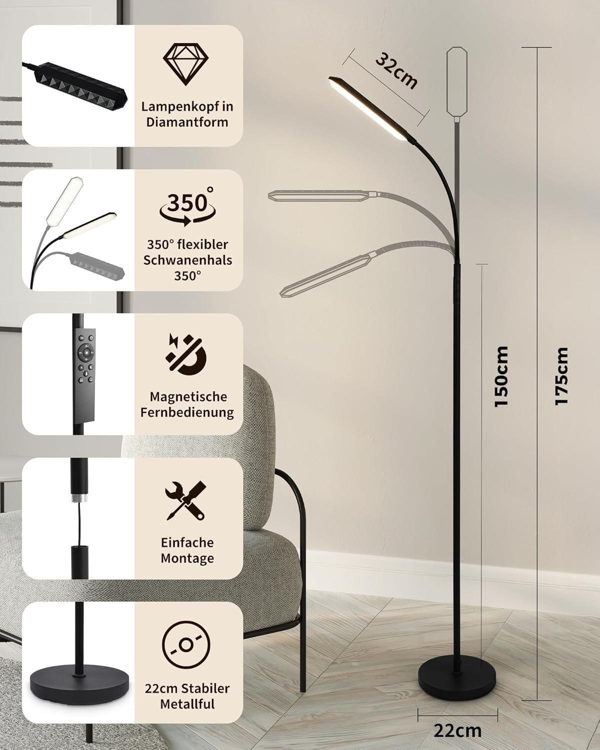 Detalle de LuminexDesigns LED Floor Lamp for Living Room – 18W Dimmable with Remote, 2700K–6500K, Eye-Caring, Black