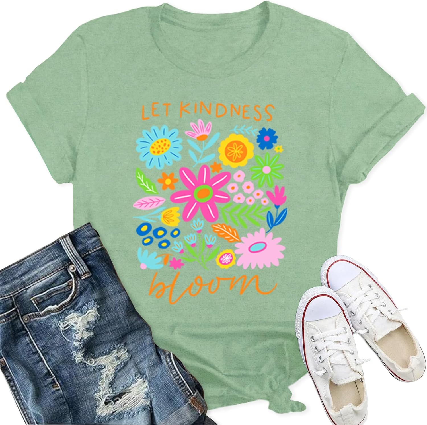 Detalle de Qskall Women’s “Flora Be Kind” T-Shirt – “Let Kindness Bloom” inspirational floral top