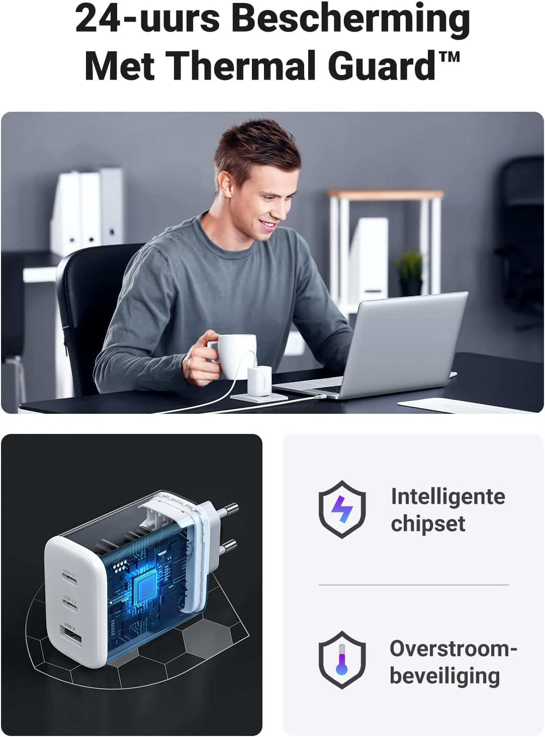 Thumbnail 6 de UGREEN USB-C-lader 65 W met 3 poorten, PPS en compact wit ontwerp