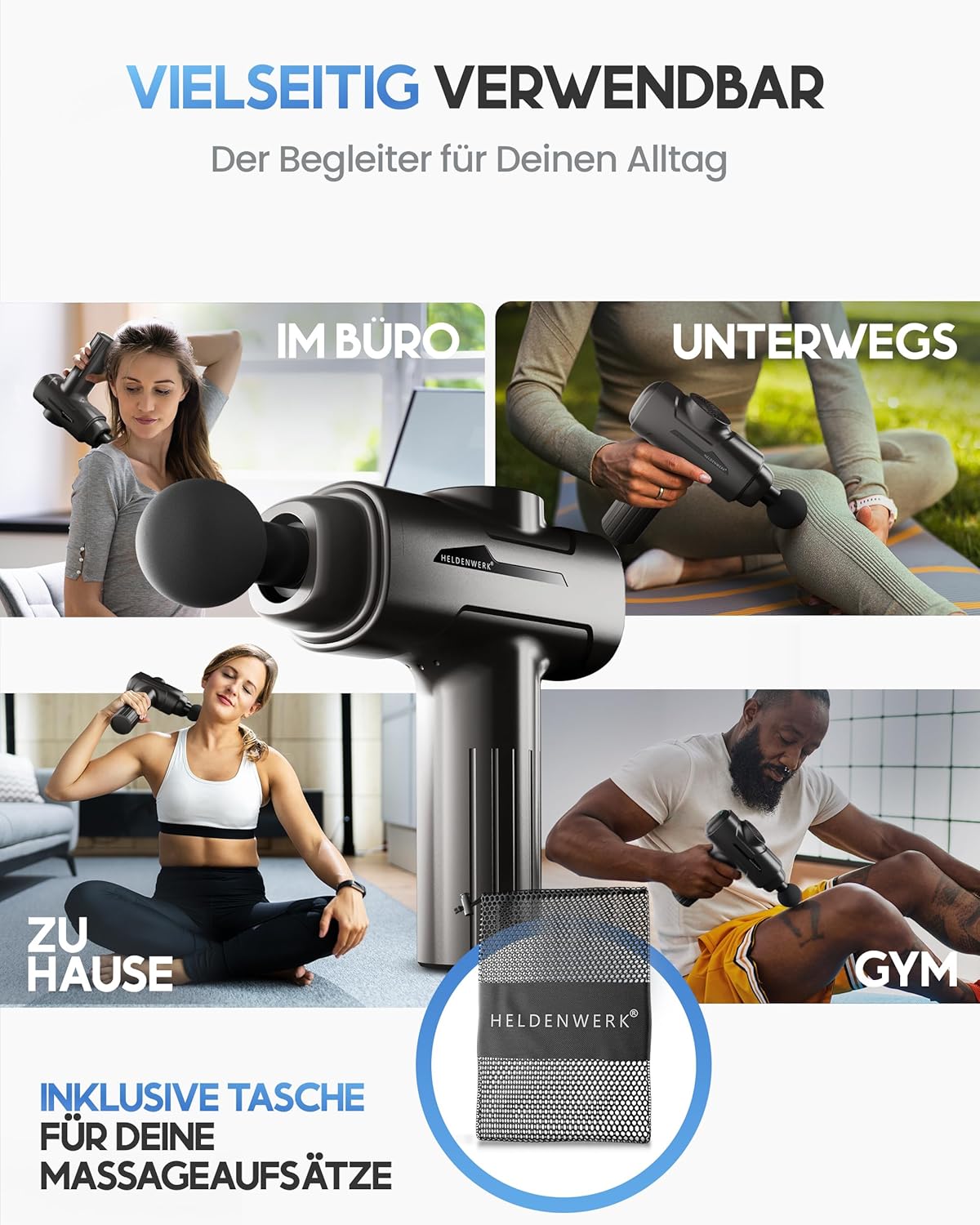 Thumbnail 6 de HELDENWERK Massagepistole inkl. 6 Massageköpfen (Grau) – bis zu 3200 U/min, USB‑C