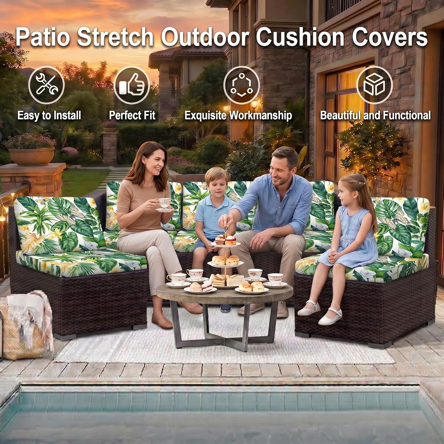 Thumbnail 1 de LiveGo Patio Stretch Sofa Cushion Cover (8-pack) – Outdoor replacement slipcovers with soft elastic fit, Green Leaves