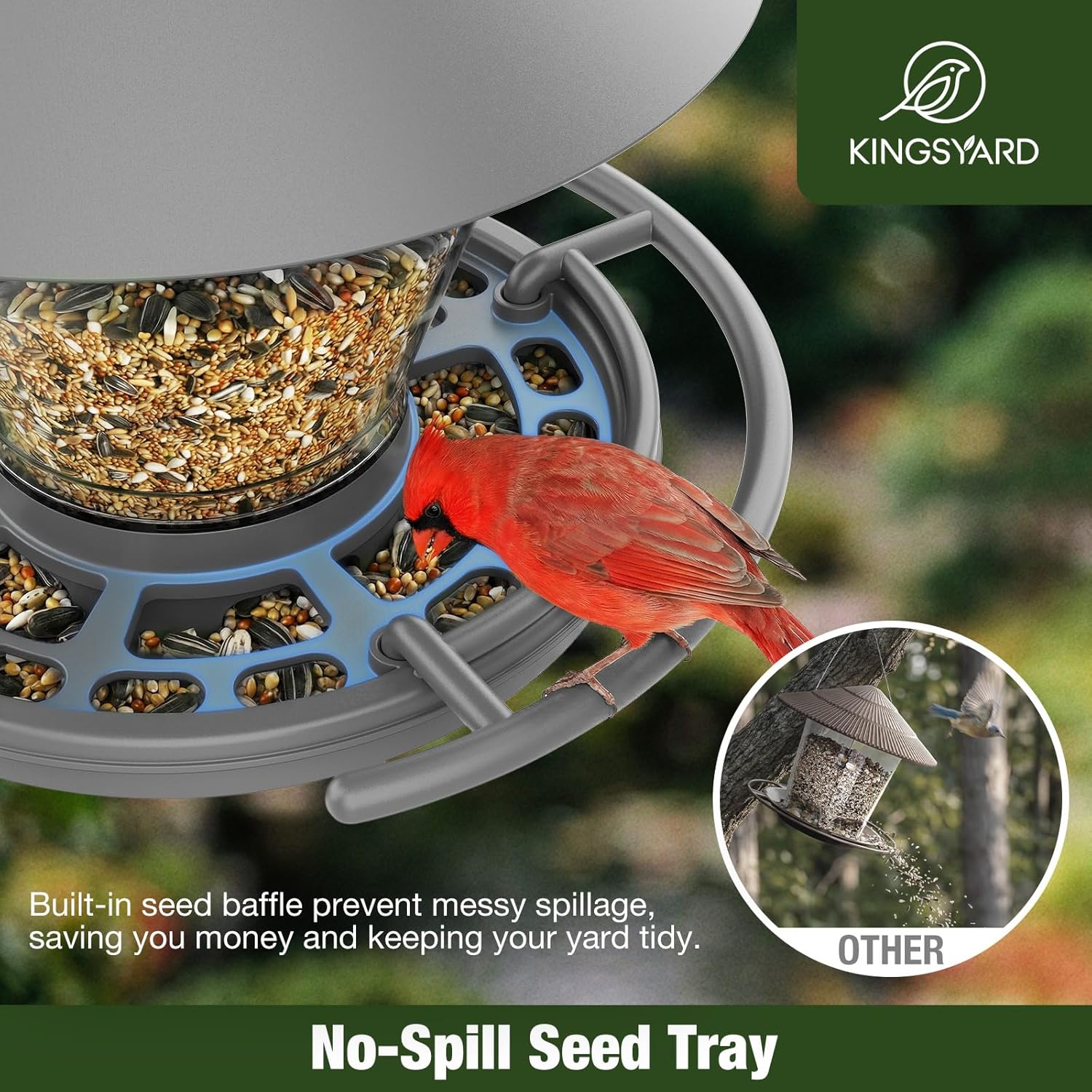 Detalle 2 de Kingsyard Bird Feeder for Outdoors Hanging, 3 lb Large Capacity, No-Spill Tray & Built-in Perch (Grey)