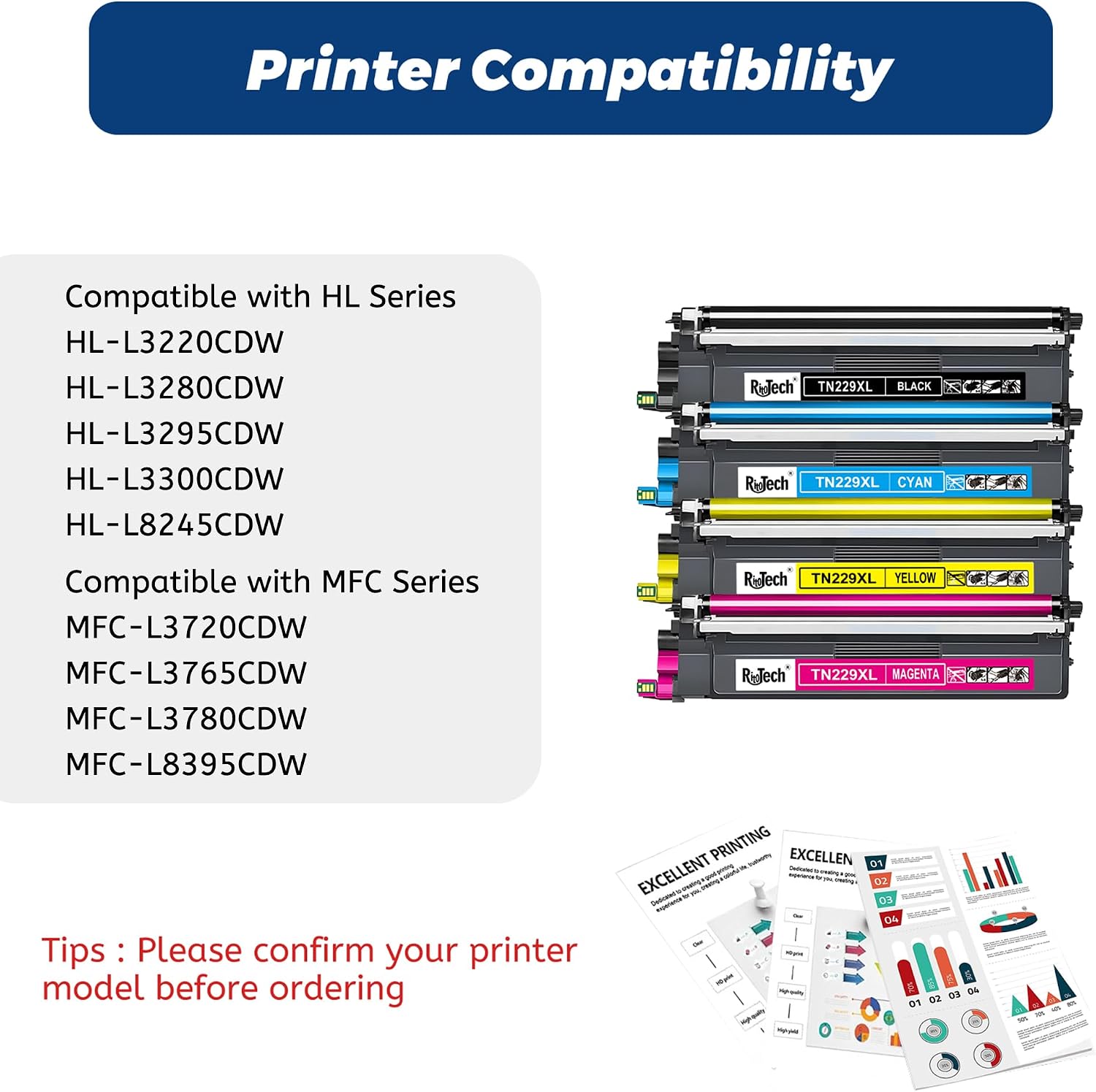 Detalle de RitoTech TN229XL Compatible Toner Cartridge 4-Pack for Brother Printers