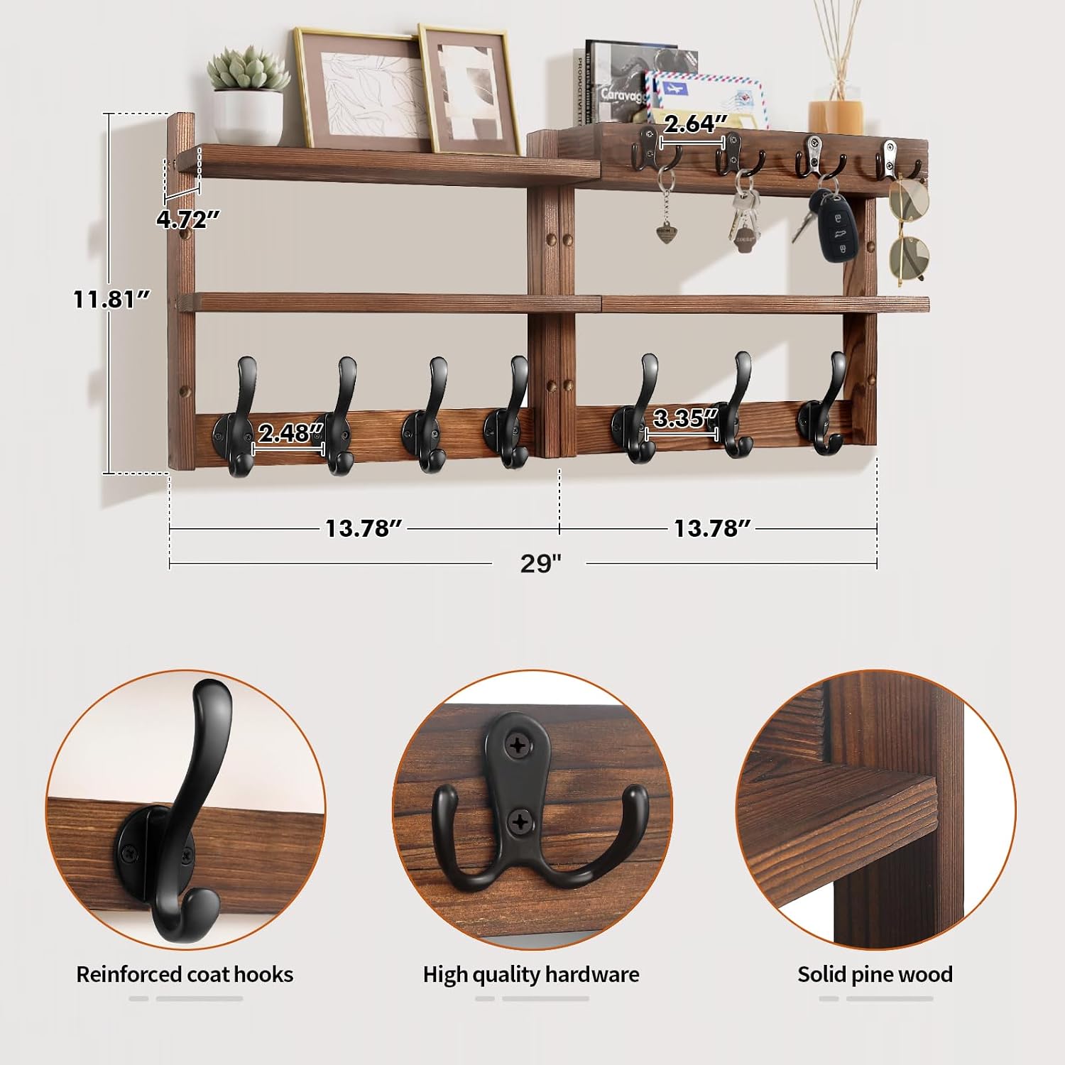 Detalle 2 de Pine Wall-Mounted Coat Rack with Shelf