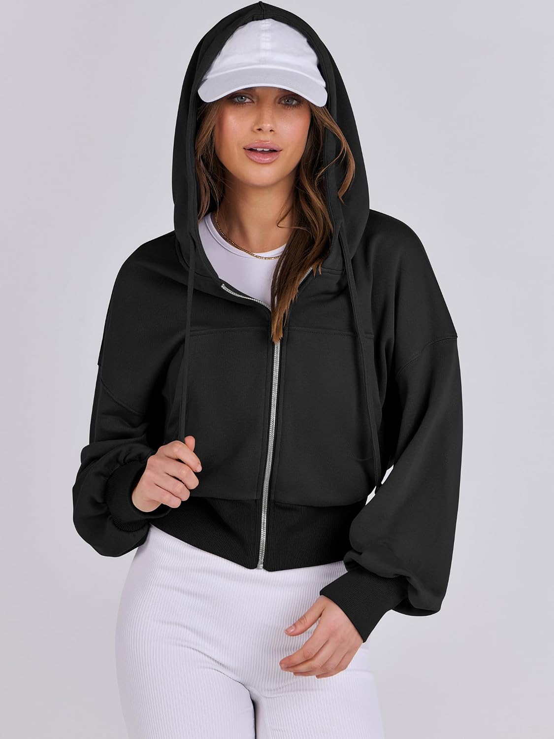 Detalle 2 de ANRABESS Cropped Zip-Up Hoodie for Women