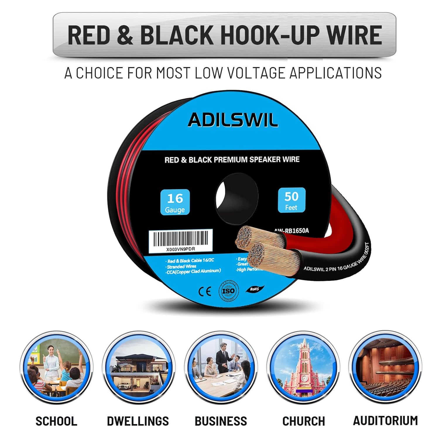 Thumbnail 5 de ADILSWIL 16AWG 50ft Copper-Clad Aluminum Speaker Wire (Red/Black, 2-Conductor)