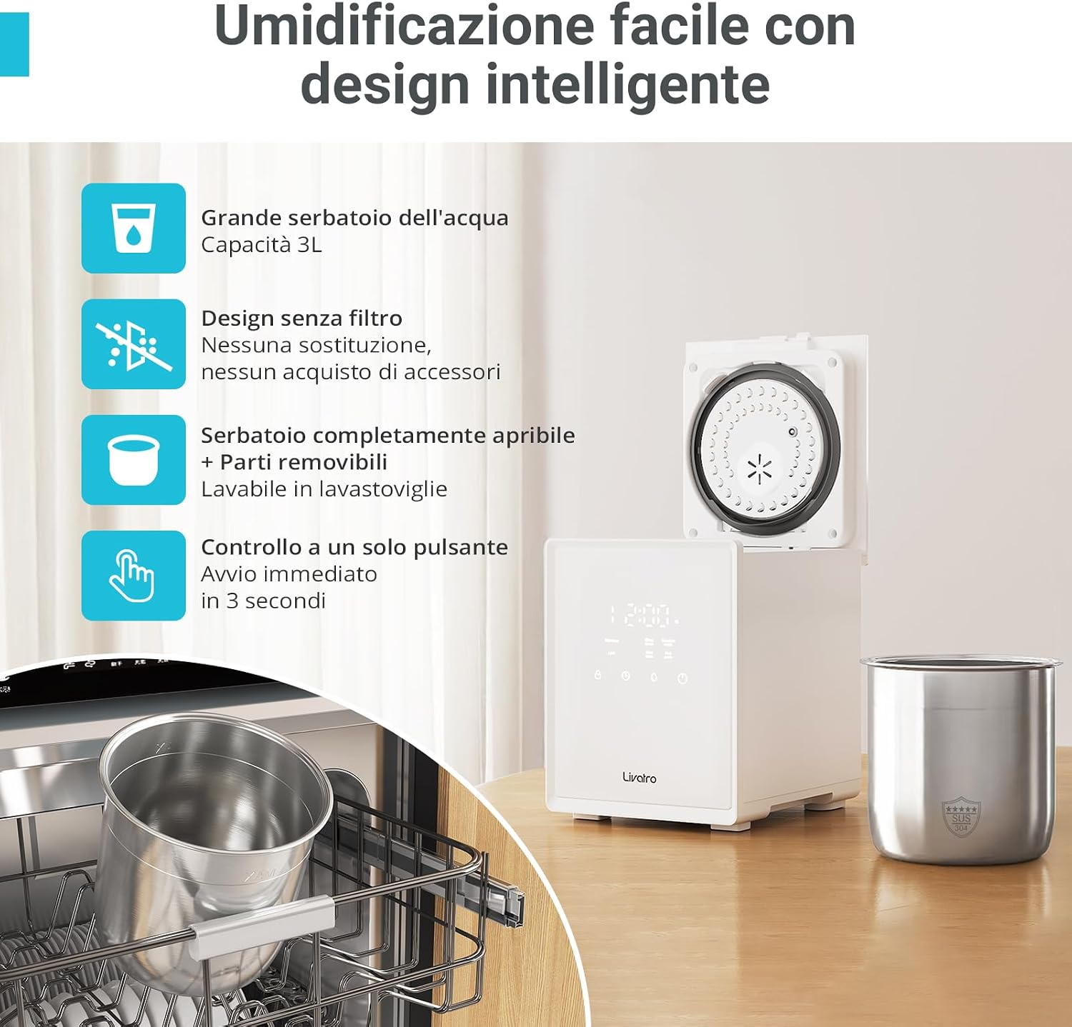 Detalle 2 de Livatro Umidificatore vapore caldo 3 L