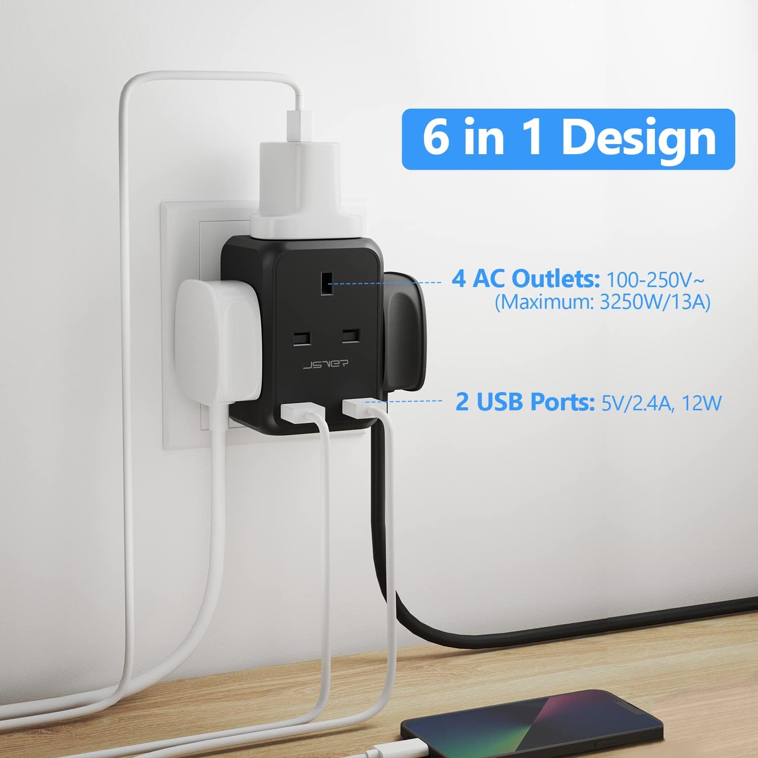 Thumbnail 2 de JSVER USB 4-Way Sockets 13A Cube Extension Plug